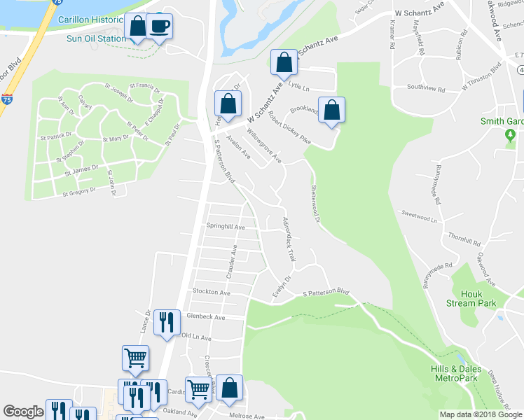 map of restaurants, bars, coffee shops, grocery stores, and more near in Moraine