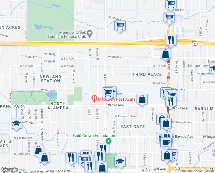 map of restaurants, bars, coffee shops, grocery stores, and more near 280 North Harlan Street in Lakewood