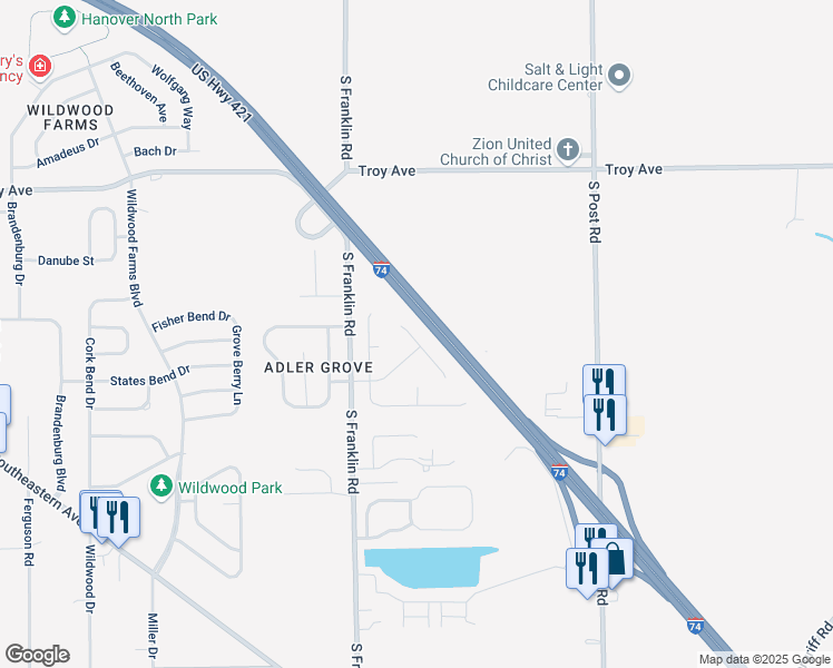 map of restaurants, bars, coffee shops, grocery stores, and more near 3265 Blue Ash Lane in Indianapolis