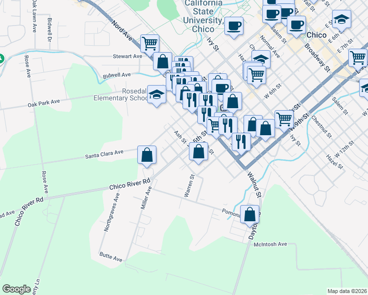 map of restaurants, bars, coffee shops, grocery stores, and more near 444 Ash Street in Chico