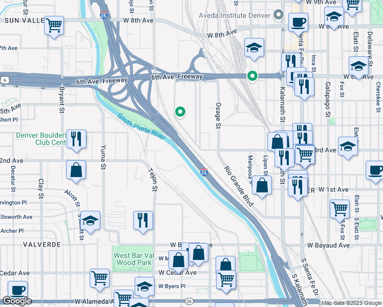 map of restaurants, bars, coffee shops, grocery stores, and more near 1801 West 3rd Avenue in Denver