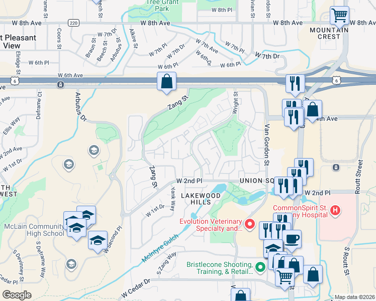 map of restaurants, bars, coffee shops, grocery stores, and more near 211 Wright Street in Lakewood