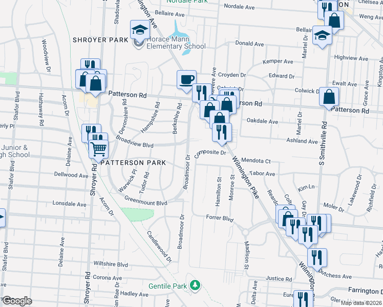 map of restaurants, bars, coffee shops, grocery stores, and more near 946 Broadmoor Drive in Dayton