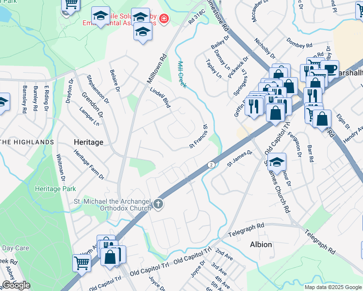 map of restaurants, bars, coffee shops, grocery stores, and more near 2205 Saint Francis Street in Wilmington