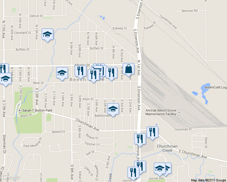 map of restaurants, bars, coffee shops, grocery stores, and more near 54 South 4th Avenue in Beech Grove