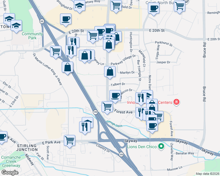map of restaurants, bars, coffee shops, grocery stores, and more near 2050 Talbert Drive in Chico