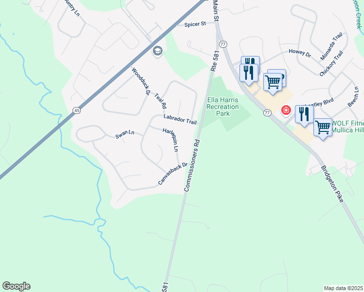 map of restaurants, bars, coffee shops, grocery stores, and more near 144 Commissioners Road in Mullica Hill