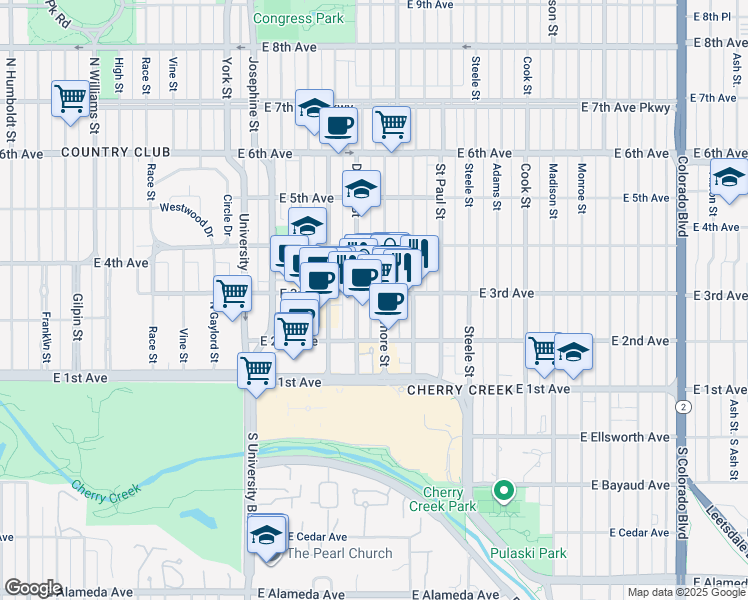 map of restaurants, bars, coffee shops, grocery stores, and more near 345 Fillmore Street in Denver
