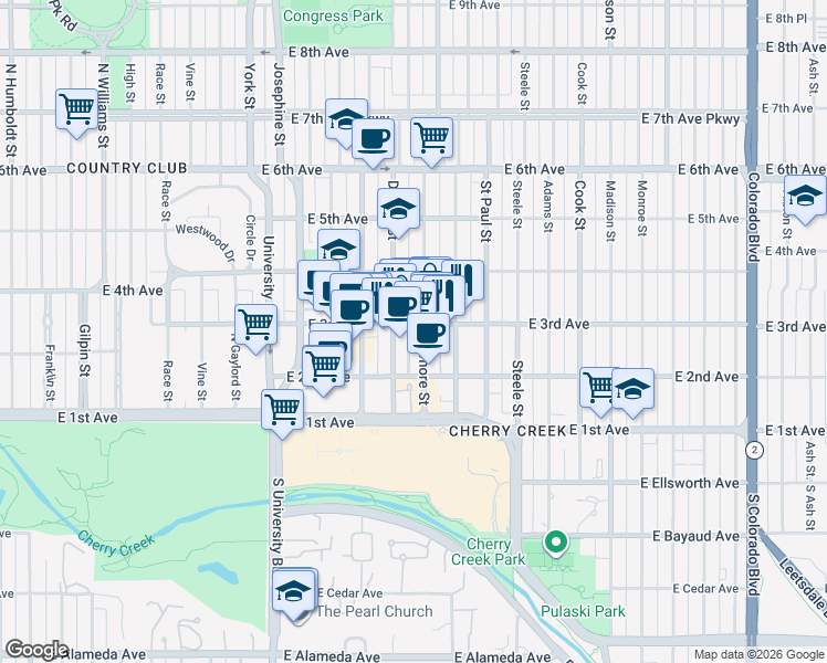 map of restaurants, bars, coffee shops, grocery stores, and more near 345 Fillmore Street in Denver