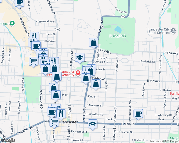 map of restaurants, bars, coffee shops, grocery stores, and more near 721 High West in Lancaster