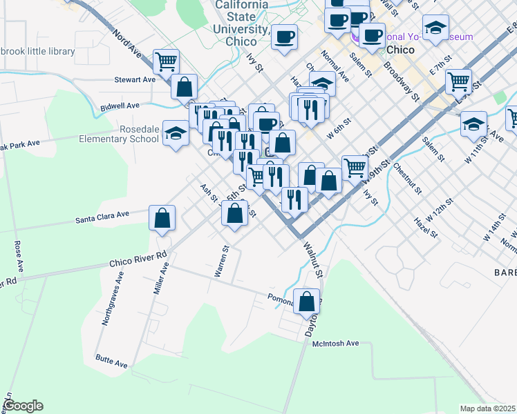 map of restaurants, bars, coffee shops, grocery stores, and more near 1131 West 6th Street in Chico