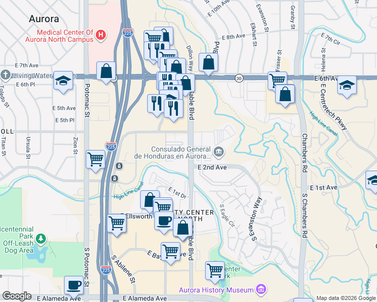 map of restaurants, bars, coffee shops, grocery stores, and more near 245 Sable Boulevard in Aurora