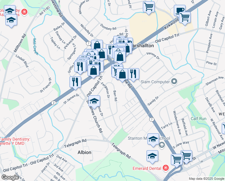 map of restaurants, bars, coffee shops, grocery stores, and more near 2129 Barr Road in Wilmington