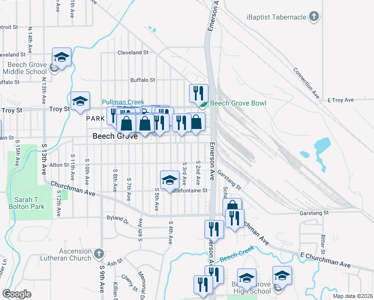 map of restaurants, bars, coffee shops, grocery stores, and more near 301 Main Street in Beech Grove