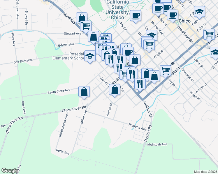 map of restaurants, bars, coffee shops, grocery stores, and more near West 5th Street & Ash Parkway in Chico