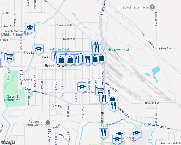 map of restaurants, bars, coffee shops, grocery stores, and more near 301 Main Street in Beech Grove