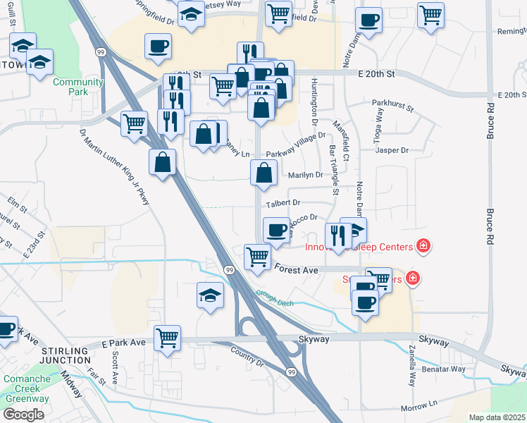 map of restaurants, bars, coffee shops, grocery stores, and more near 2050 Talbert Drive in Chico