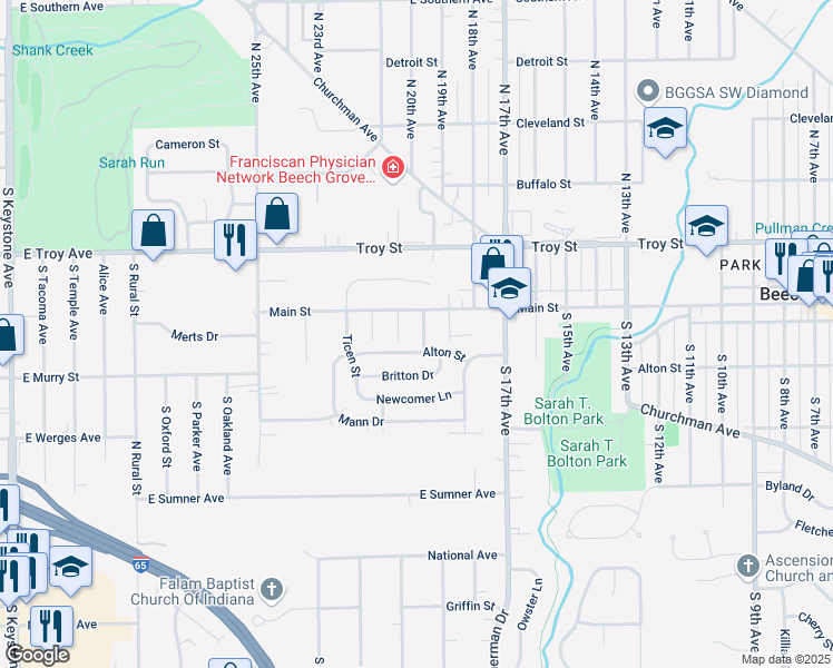 map of restaurants, bars, coffee shops, grocery stores, and more near 1917 Main Street in Beech Grove