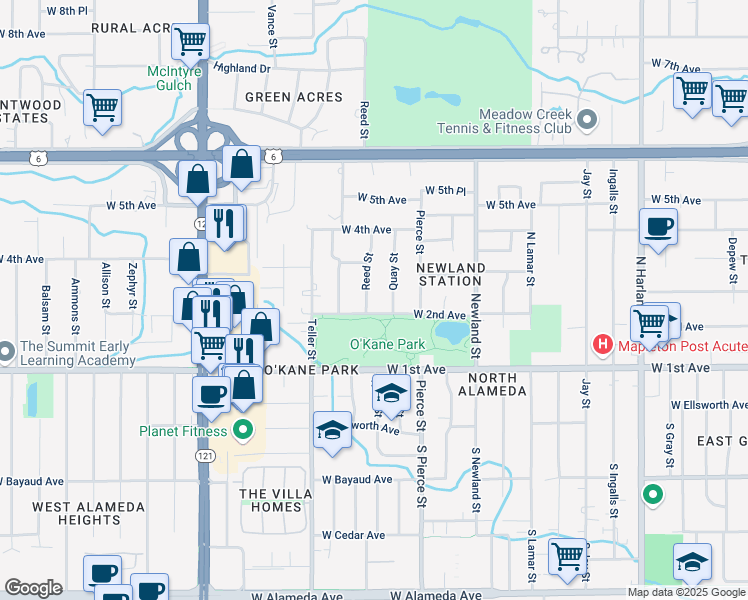 map of restaurants, bars, coffee shops, grocery stores, and more near 225 Quay Street in Lakewood