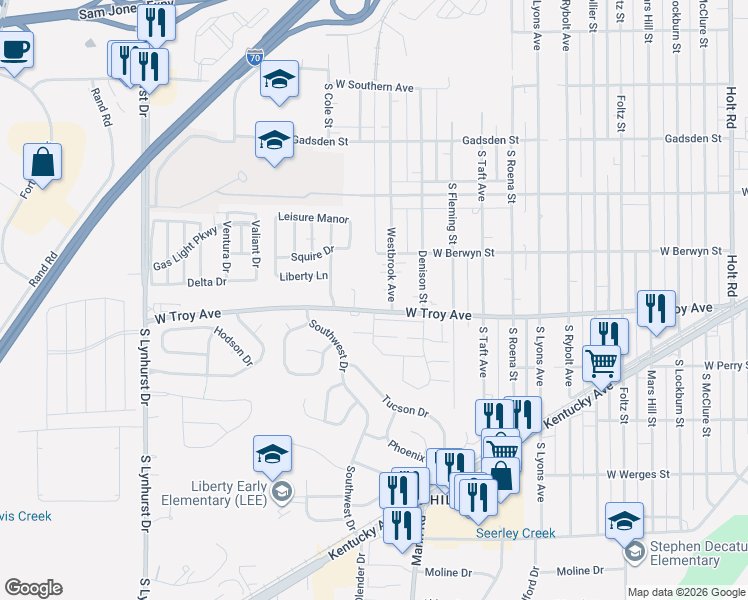 map of restaurants, bars, coffee shops, grocery stores, and more near 2931 Woodrow Avenue in Indianapolis