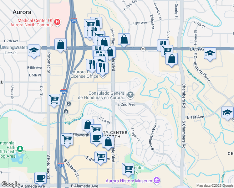 map of restaurants, bars, coffee shops, grocery stores, and more near 353 Dearborn Way in Aurora