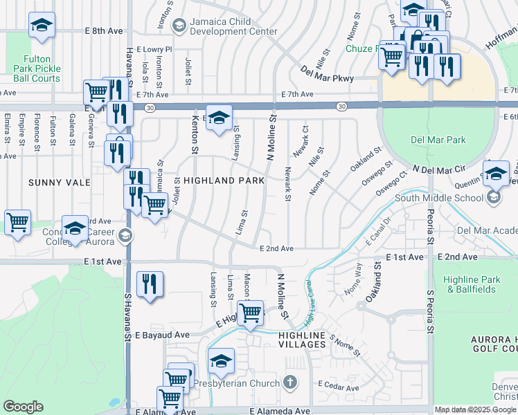 map of restaurants, bars, coffee shops, grocery stores, and more near 374 Moline Street in Aurora