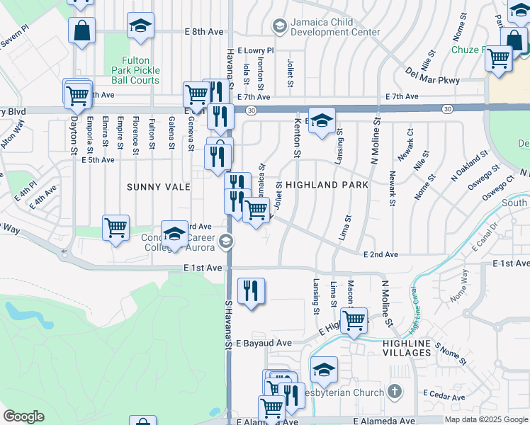 map of restaurants, bars, coffee shops, grocery stores, and more near 395 Joliet Street in Aurora