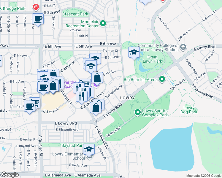 map of restaurants, bars, coffee shops, grocery stores, and more near 100 Spruce Street in Denver