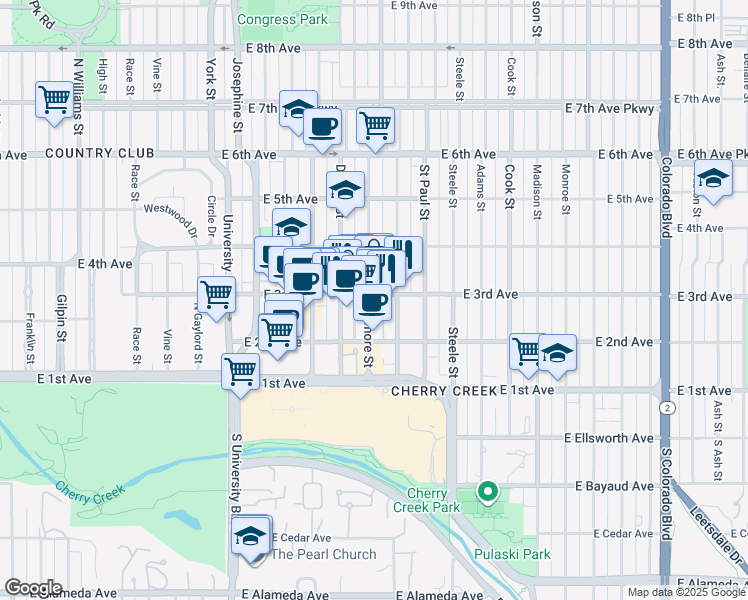 map of restaurants, bars, coffee shops, grocery stores, and more near 345 Fillmore Street in Denver