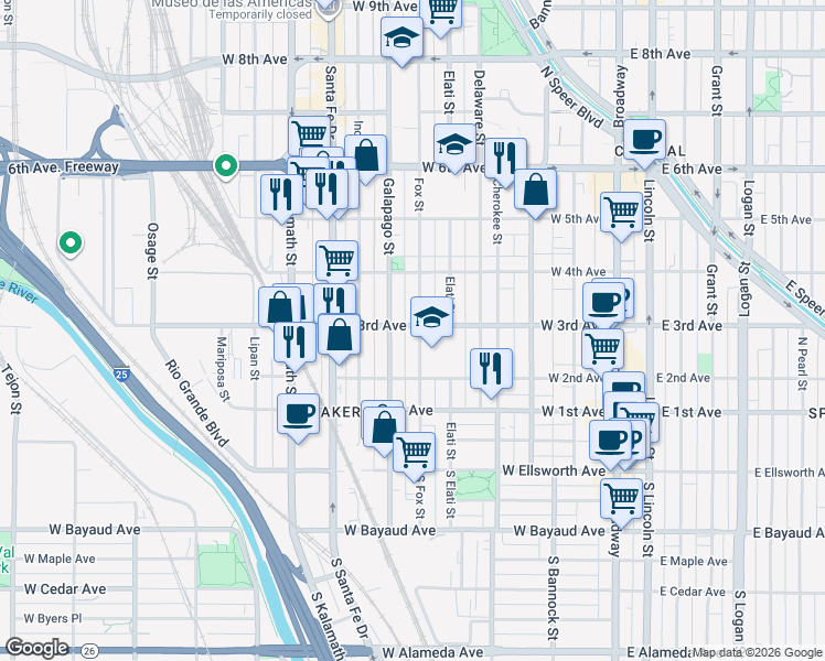 map of restaurants, bars, coffee shops, grocery stores, and more near 329 Fox Street in Denver