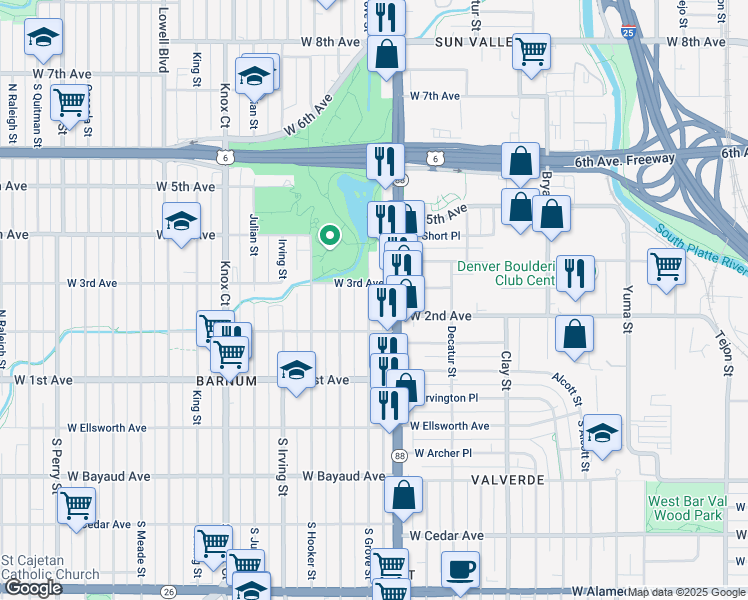 map of restaurants, bars, coffee shops, grocery stores, and more near 303 Federal Boulevard in Denver