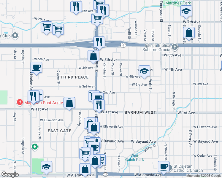 map of restaurants, bars, coffee shops, grocery stores, and more near 325 Yates Street in Denver