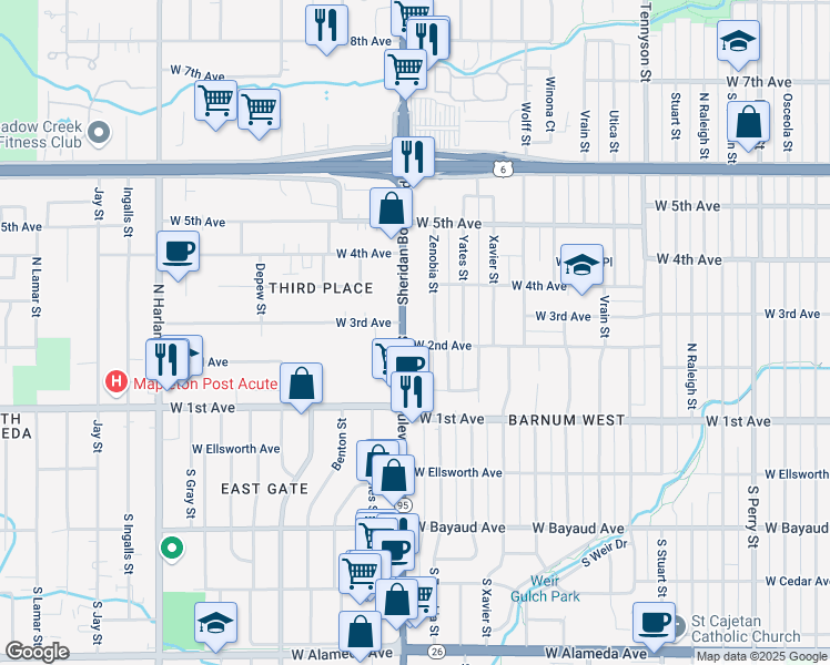 map of restaurants, bars, coffee shops, grocery stores, and more near 351 Zenobia Street in Denver