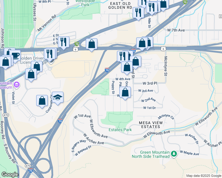 map of restaurants, bars, coffee shops, grocery stores, and more near 347 Poppy Street in Golden