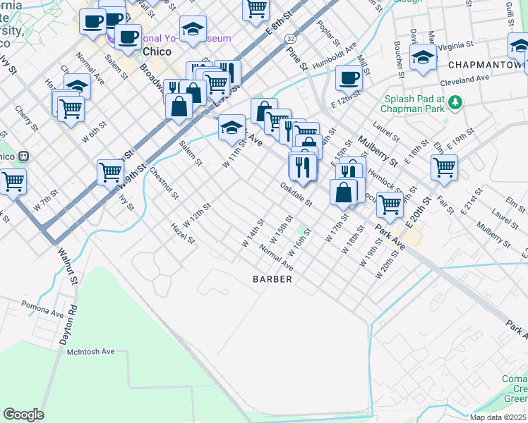 map of restaurants, bars, coffee shops, grocery stores, and more near 1301A Broadway Street in Chico