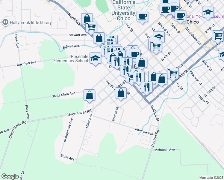map of restaurants, bars, coffee shops, grocery stores, and more near 403 Ash Street in Chico