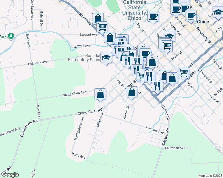 map of restaurants, bars, coffee shops, grocery stores, and more near 315 Hickory Street in Chico