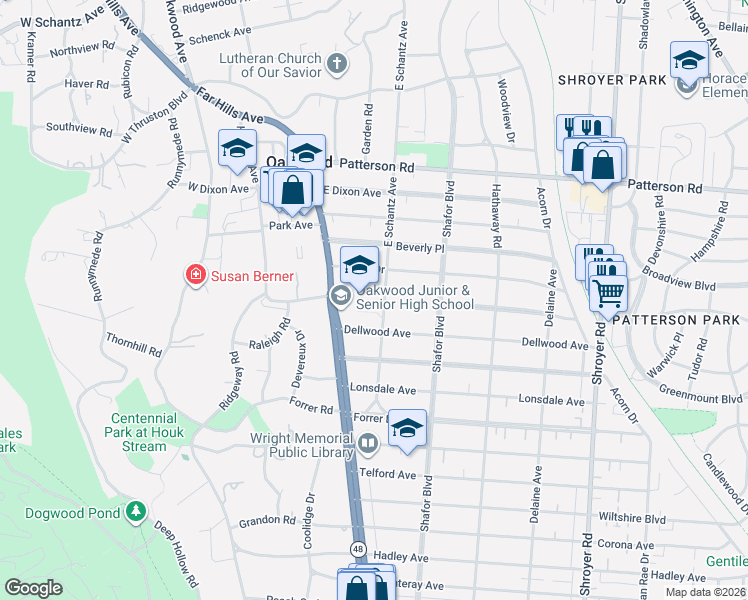 map of restaurants, bars, coffee shops, grocery stores, and more near 42 Spirea Drive in Dayton