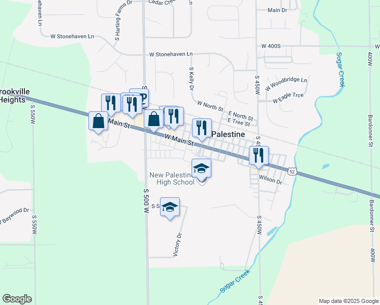 map of restaurants, bars, coffee shops, grocery stores, and more near 26 West Main Street in New Palestine