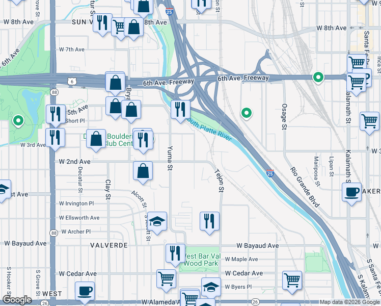 map of restaurants, bars, coffee shops, grocery stores, and more near 315 Vallejo Street in Denver