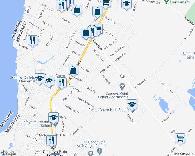 map of restaurants, bars, coffee shops, grocery stores, and more near 64-64-1/2 South Miller Avenue in Penns Grove