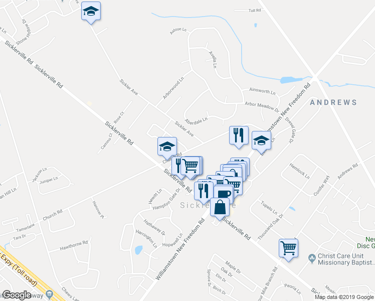 map of restaurants, bars, coffee shops, grocery stores, and more near 1600 Edgewood Acres III in Sicklerville