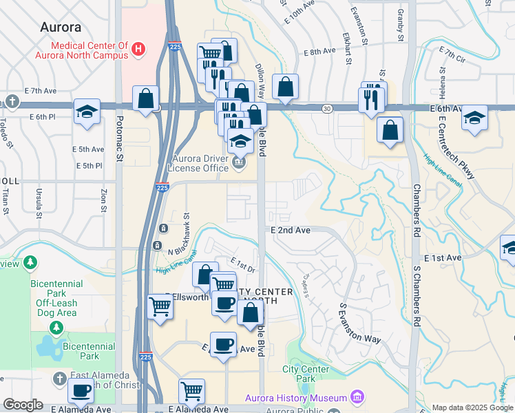 map of restaurants, bars, coffee shops, grocery stores, and more near 285 Sable Boulevard in Aurora