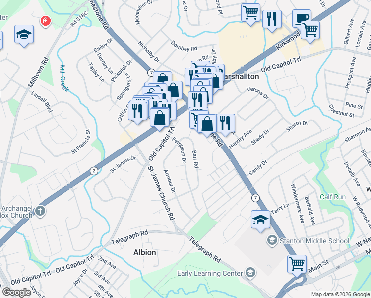 map of restaurants, bars, coffee shops, grocery stores, and more near 2137 Barr Road in Wilmington