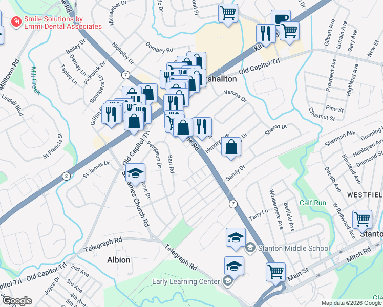 map of restaurants, bars, coffee shops, grocery stores, and more near 2015 Limestone Road in Wilmington