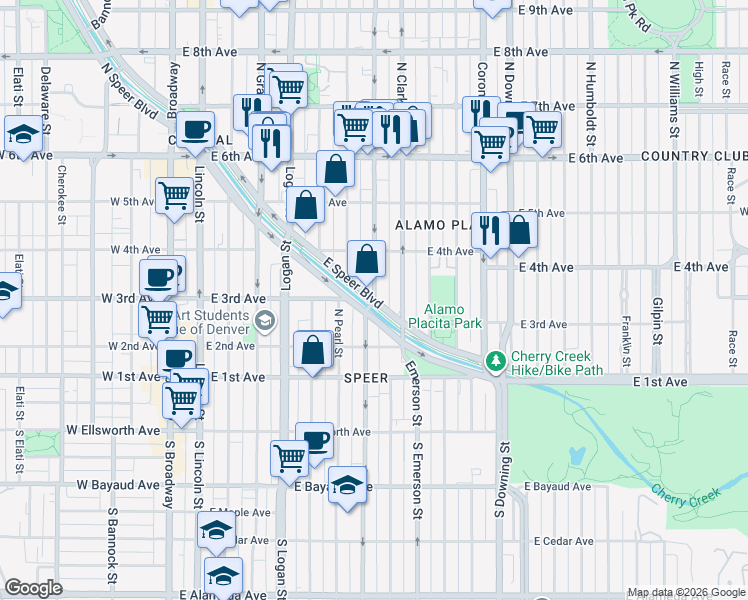 map of restaurants, bars, coffee shops, grocery stores, and more near East Speer Boulevard & Washington Street in Denver