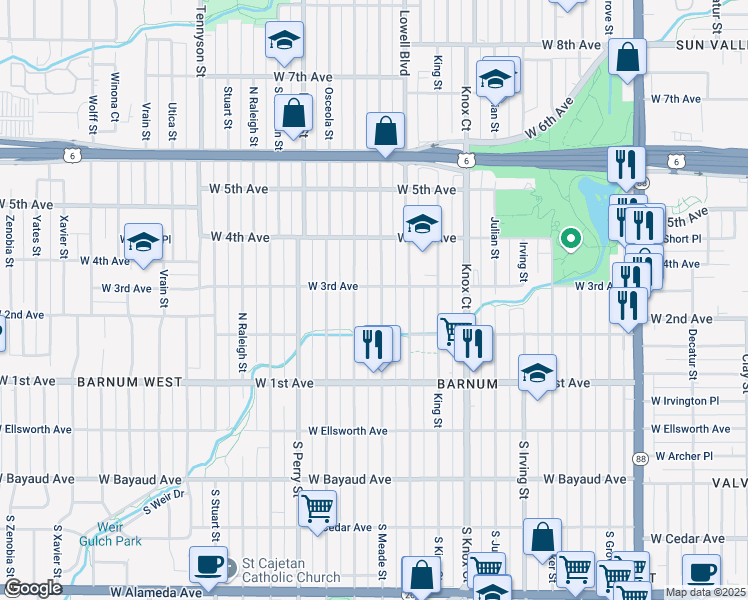 map of restaurants, bars, coffee shops, grocery stores, and more near 3641 West 3rd Avenue in Denver