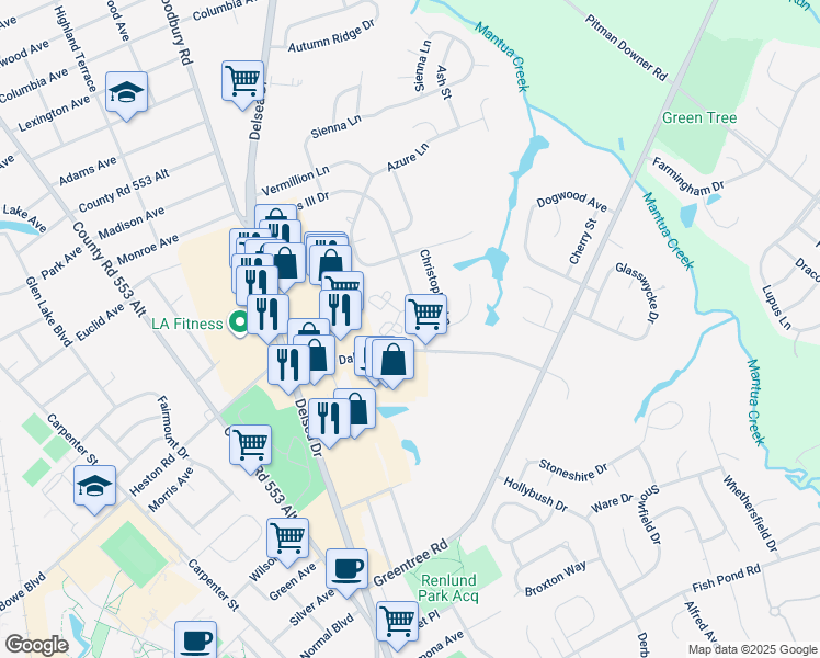 map of restaurants, bars, coffee shops, grocery stores, and more near 96 Yellowwood Court in Glassboro