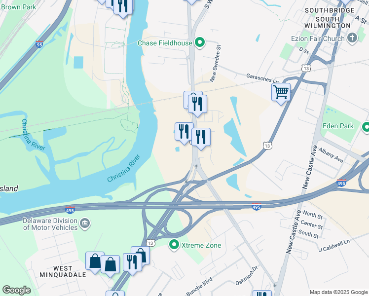 map of restaurants, bars, coffee shops, grocery stores, and more near 1031 South Market Street in Wilmington