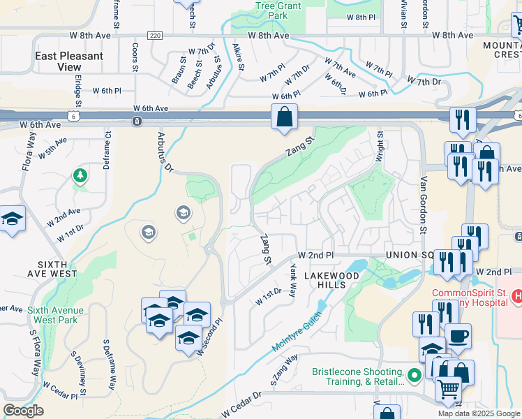map of restaurants, bars, coffee shops, grocery stores, and more near 407 Zang Street in Lakewood